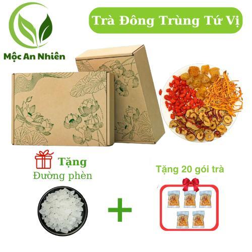 Hộp 30 gói tặng 20 gói - Trà Đông Trùng Tứ Vị thảo mộc   (nấm đông trùng hạ thảo, táo đỏ, kỳ tử, long nhãn + đường phèn)  .Trà thảo mộc an nhiên.