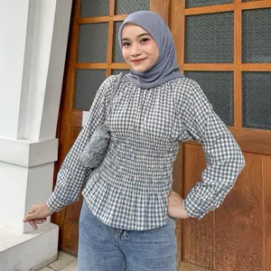 Tukuklambi Rere Atasan Wanita Model Kerut Pinggang Top Blouse dengan Desain Kotak-Kotak Elegan dan Nyaman
