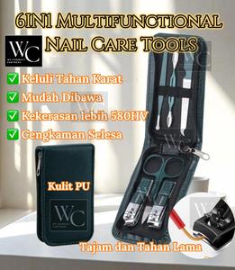 6IN1 Keluli Tahan Karat Alat Pelbagai Fungsi Buang Kutikel Ketip Cetip Potong Kuku Kaki Tangan Korek Pencungkil Telinga Gunting Bulu Kening Papan Penggosok Kuku Senang Dibawa Pemotong Pengepit Penyepit Gunting Kuku Sarung Kulit PU