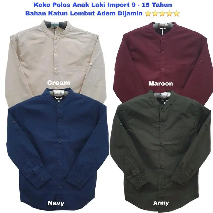 NEW Koko Polos Panjang Anak Laki Import 10- 15 Tahun Kemko Katun Polos Anak Tanggung / Remaja Maroon , Army , Navy , Cream Baju Lembut bajukoko Muslim Nyaman