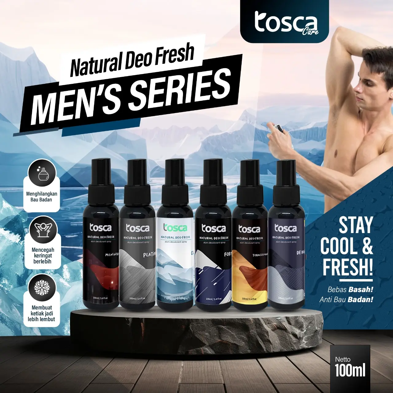 Tosca Deodorant Men Series 100 ml Deodorant Tawas Cair Ampuh Mencegah Bau Ketiak
