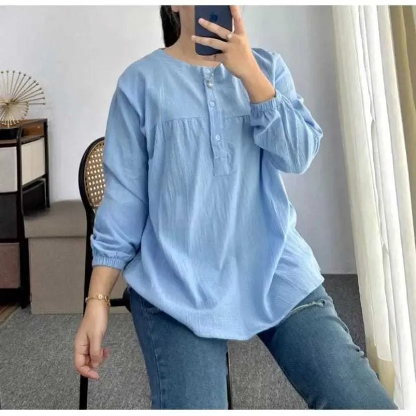 Blouse Atasan Wanita casual Jumbo Oversize Model  baju cewek dewasa Kekinian tunik 2025 model baru Basic POLO LINEN Katun Panjang Kerja blouse remaja aesthet blouse wanita blouse atasan korean style Kancing Busui Simple Shakila Crinkle Airflow Kerah
