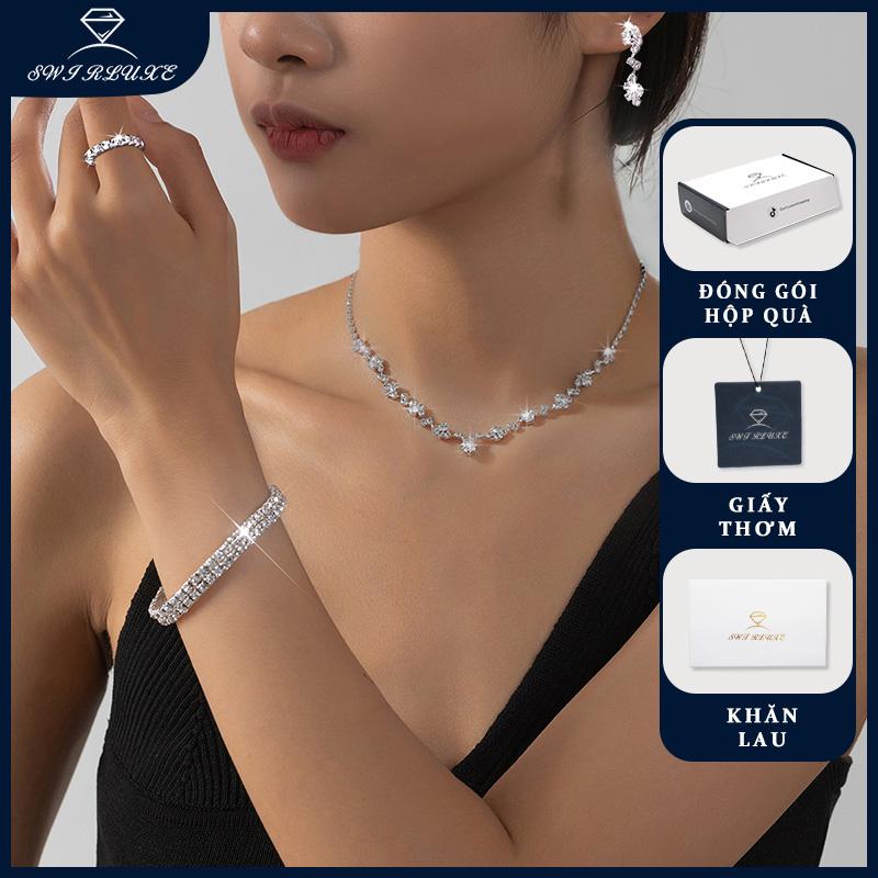 SWIRLUXE 4 Món Bộ Trang Sức Cưới Đơn Giản Vòng Tay Vòng Cổ Bông Tai Nhẫn Phong Cách Hàn Quốc Sang Trọng Phụ Kiện Thời Trang Phối Đồ Dạ Hội Đóng Gói Hộp Quà
