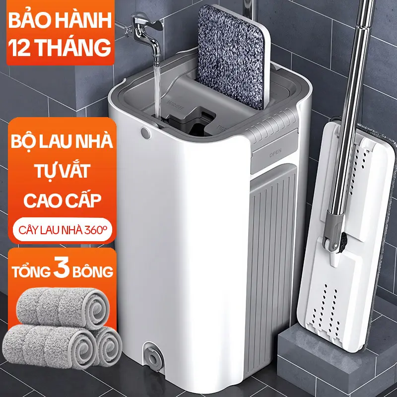 Bộ Cây Lau Nhà Tự Vắt KITIMOP C6 PLUS-PRO, Thùng Lau Nhà Tự Vắt Thông Minh, Chổi Lau Nhà Xoay 360 Độ, 3 Bông Lau
