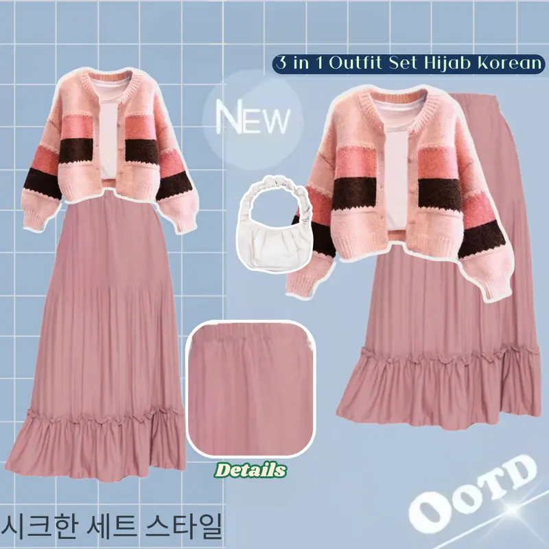 One Set Korean Style (Hijab Cardigan Tas Bahu Rok Plisket) Variasi Baju Setelan Wanita Simple CS002 Nyaman Muslim Panjang Karet Bawahan Pink Putih 1