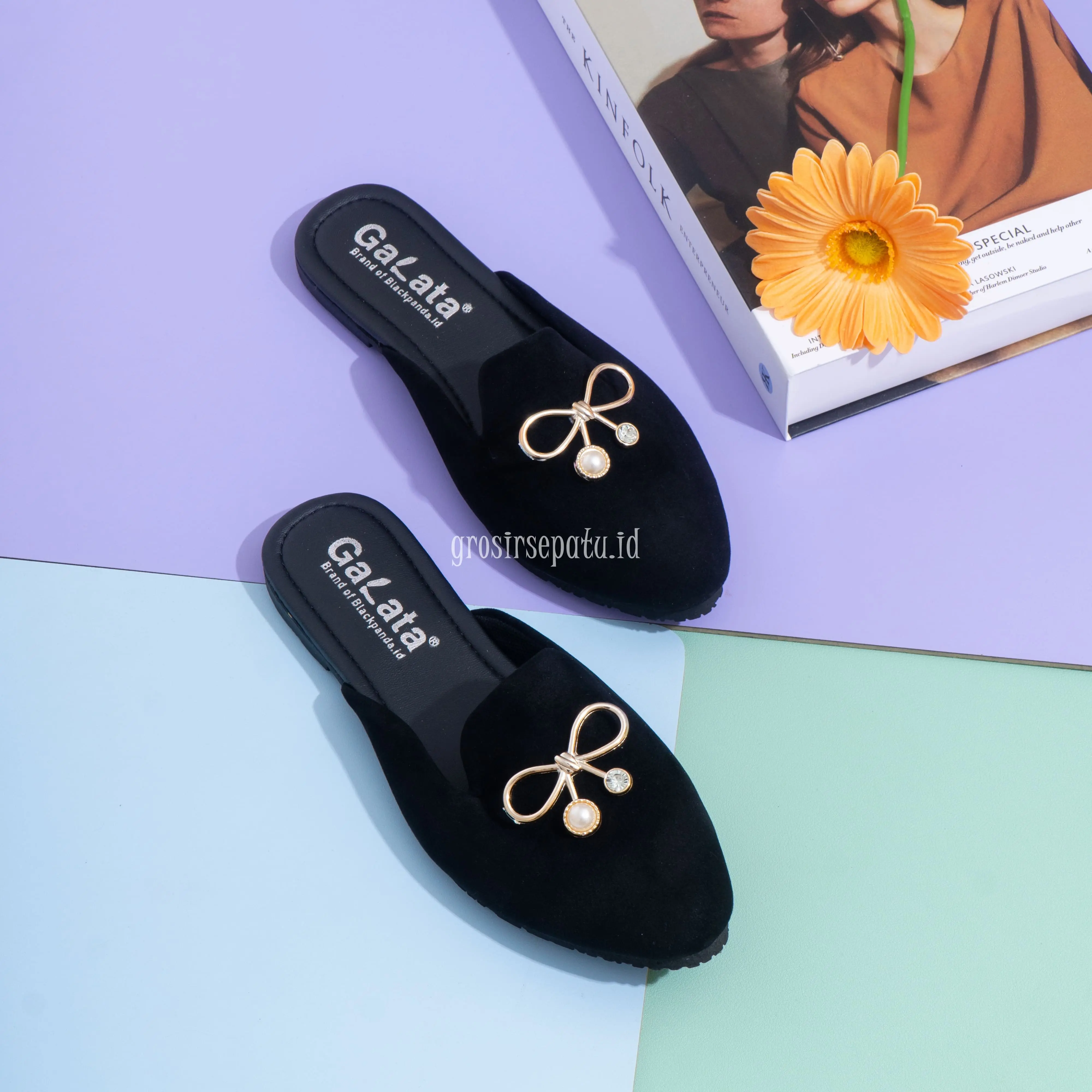 Blackpanda Flatshoes Mules GALATA VIKA WL7.10 - Sepatu Flat Shoes Wanita Model Sandal Slop Bustong - Black (Hitam)