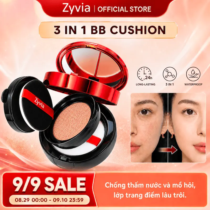 Cushion ZYVIA 3 Trong 1, che khuyết điểm + phấn nước + phấn phủ, nhẹ, chống nước và lâu trôi