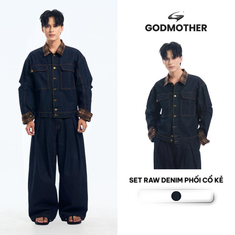 Set Raw Denim Phối Cổ Kẻ Nâu GODMOTHER Đồ Bộ Raw Denim (Áo Khoác Và Quần) Phong Cách Hàn Quốc Unisex STF25006-RB