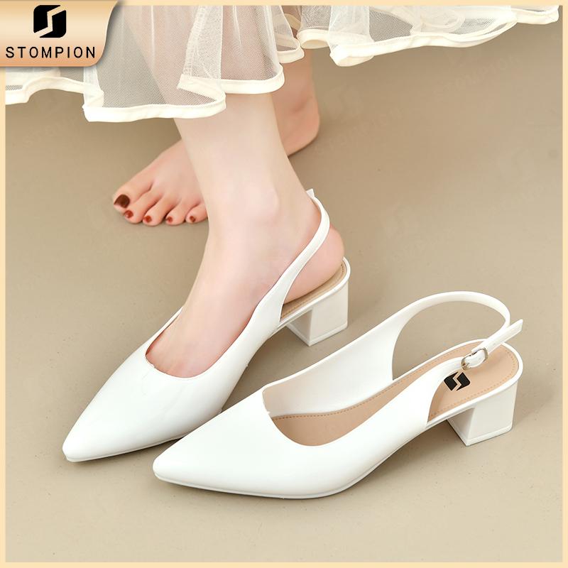  STOMPION Giày cao gót nữ PVC mũi nhọn quai hở sau gót vuông 5cm phong cách thời trang công sở & dạo phố 
