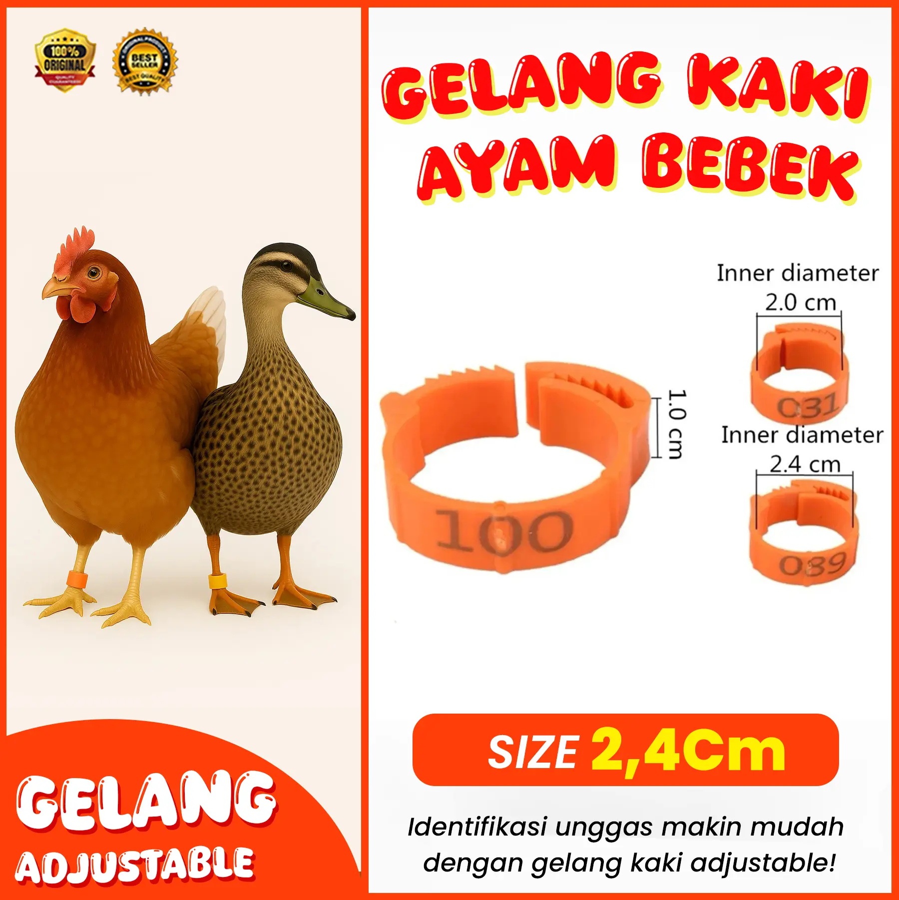 GELANG KAKI AYAM BEBEK ADJUSTABLE 2.4cm ring clip cincin kaki unggas