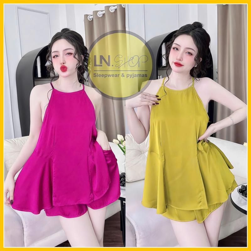 Đồ bộ yếm đồ ngủ nữ đồ bộ mặc nhà áo yếm quần đùi họa tiết trơn chất liệu vải lụa latin mềm mịn
