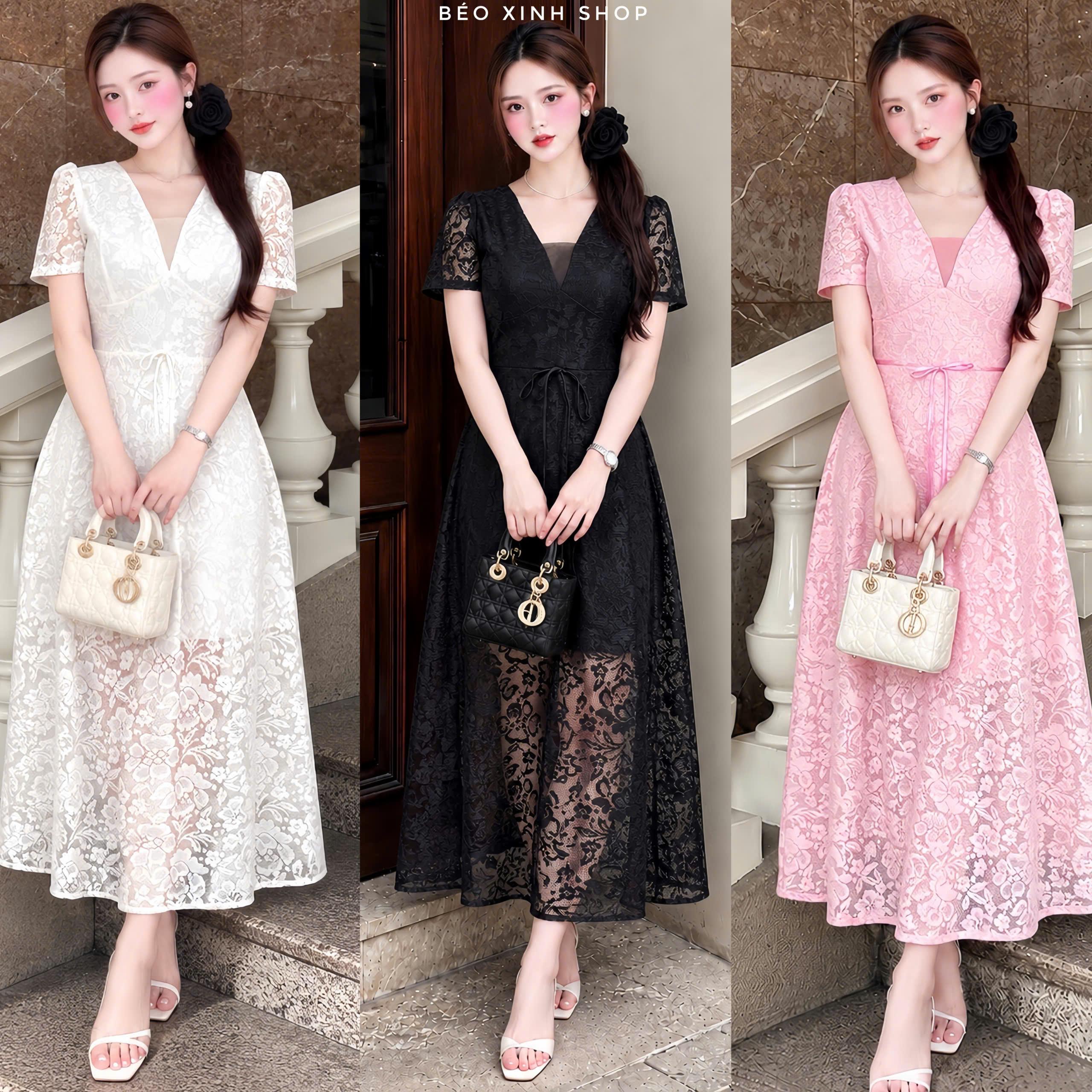 [Vải Xịn] Đầm Ren Hoa Cổ V Tay Ngắn Tùng Liền Váy Xòe Dáng Dài Bigsize 40–90kg Bigsize Béo Xinh Shop - A.1898