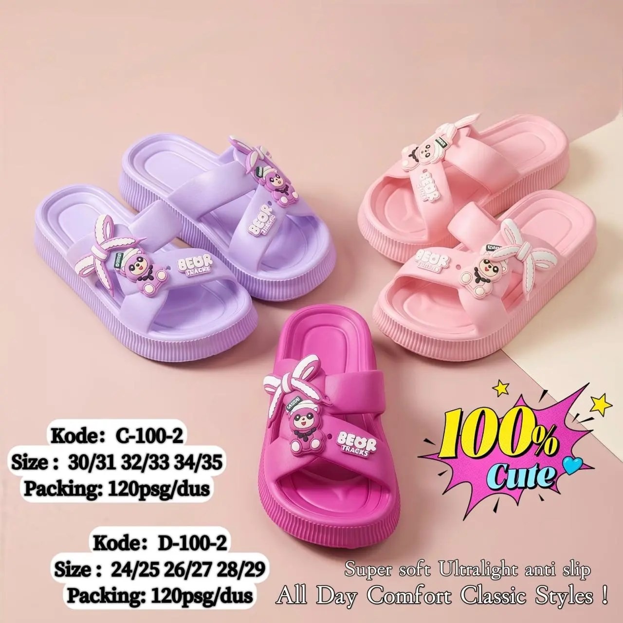 Winola - Sandal Slide Slop EVA Anak Perempuan PITA BEAR TRACKS DryStep Comfort Ringan Anti Air 100-2