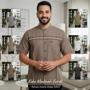 BJ KOKO Baju Koko Dewasa Motif Bordil Lengan Pendek Bonus Sarung Bahan Katun Madinah Terbaru 2026