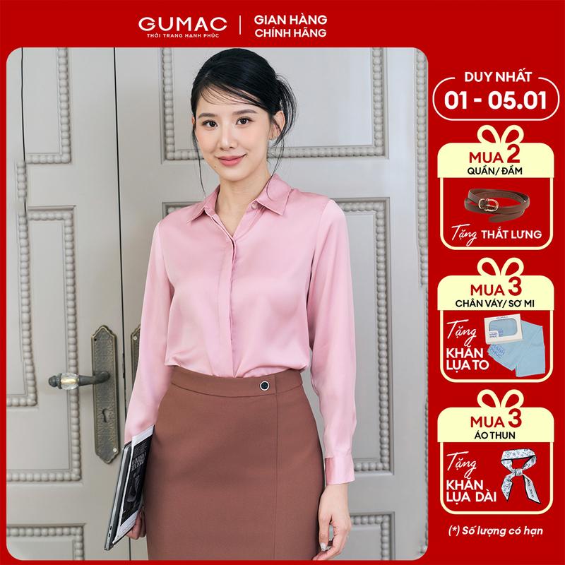   1.1 - 5.1| MUA 3 TẶNG KHĂN LỤA TO  Áo sơ mi nữ kiểu basic lụa 3 màu trắng đen be thiết kế tay dài phối nút thời trang GUMAC BAE00003 