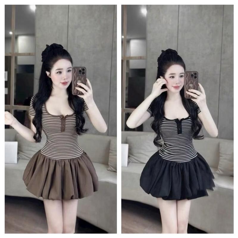    đủ size 60kg-92kg  sét áo thun cổ vuông mix kèm chân váy bí phồng cho nữ 