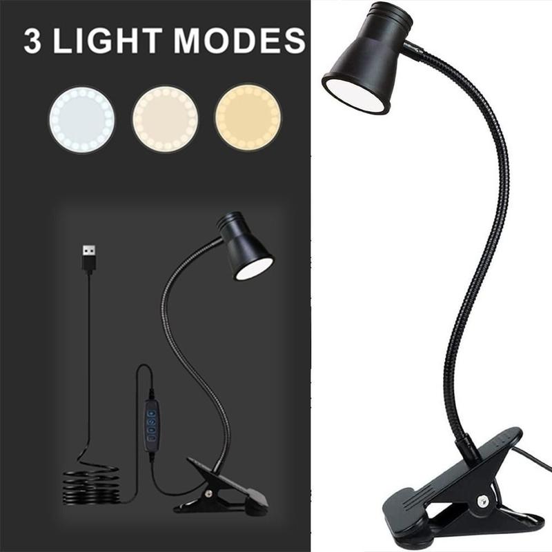 Đèn hiện đại 3 chế độ màu Đèn bàn LED Sạc USB Có thể điều chỉnh Đèn LED kẹp Đen Xoay 360 ° Đèn bàn Người lớn