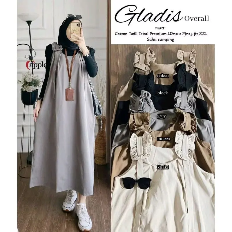 Gamis overall Gladis overall / overall model terbaru / overall  katun twill premium Dress Wanita Panjang 1