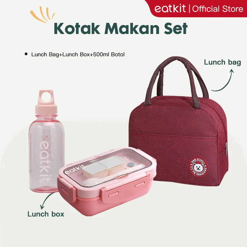 eatkit 3 in 1 Kotak Makan Set 840ml Desain Kompartemen Lunch Box Microwave Gratis Alat Makan Box Saus Kitchenware 0
