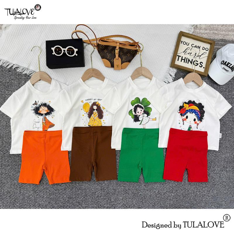 BỘ ÁO CỘC TAY HÌNH IN + LEGGING ĐÙI CHO BÉ GÁI TULALOVE, Combo Quần Áo Mùa Hè Cho Bé Gái