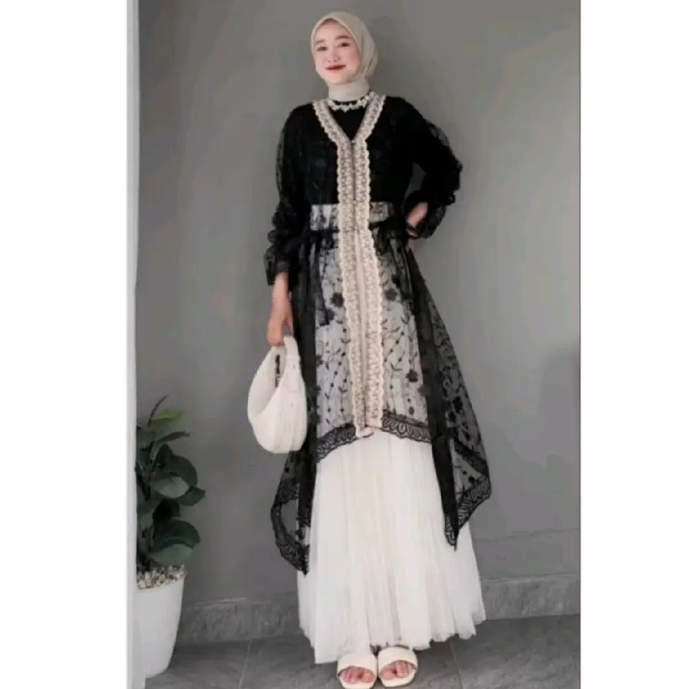 Maudy Outer Tunik Tille Pita Ada Jumbo XXL | Outer Wisudah | Outer Pesta | Outer Kondangan | Cardigan Atasan Hitam Dress Panjang Wanita Muslim