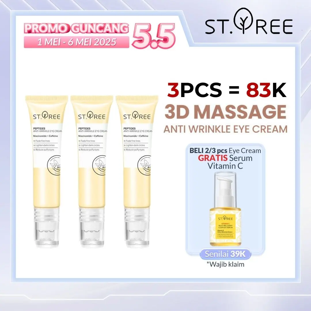 [COD] ST.TREE [3 PCS] Multi Peptides Anti-Wrinkle Eye Cream 15 gr | Triple Pack Serum Perawatan Mata dengan 3D Roller Massager - Krim dengan Niacinamide dan Caffeine untuk Mencerahkan, Mengurangi Kantung Mata Panda, Kerutan, Garis Halus, Mengencangkan