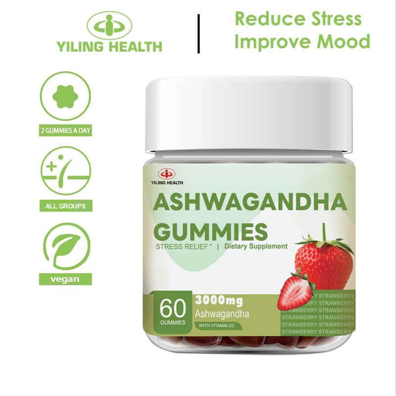Kẹo cao su Ashwagandha, Yiling, 3000 mg Chiết xuất gốc Ashwagandha có hiệu lực cao, với Vitamin D2, dành cho nam và nữ, Hương vị dâu tây, 60 Đếm (Gói 1) kẹo  dẻo 0