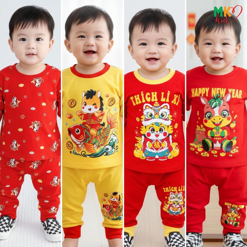 Bộ Quần Áo Dài Tay Tết 2026 Cho Bé Trai Bé Gái 7-30kg Bộ Đồ Tết Bính Ngọ Chất vải Thun Lạnh Cao Cấp mềm mịn mát cho bé mặc ngủ đi học..
