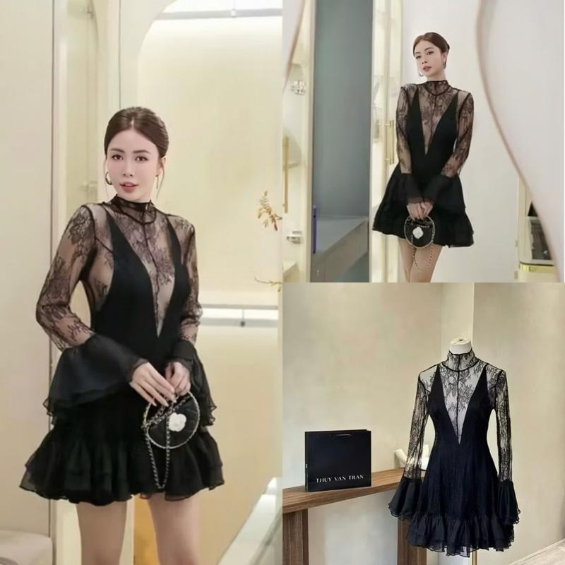 D858 (TÁO ĐỎ BIGSIZE 55-90KG) ĐẦM BIGSIZE ĐẦM REN CỔ V TAY LOE DÁNG NGẮN