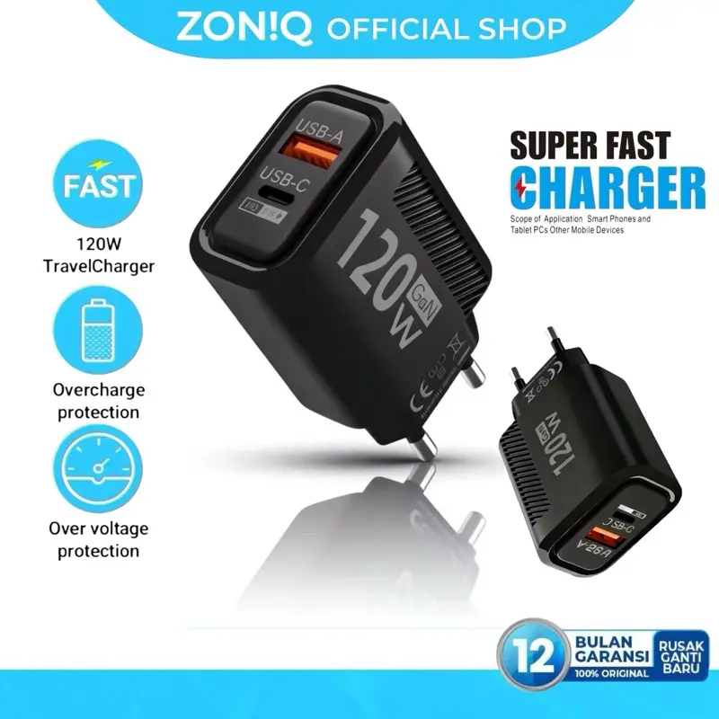 ZONIQ Charger GaN 120W Dual Port Fast Charging - Isi Daya Ultra Cepat Untuk Laptop & HP