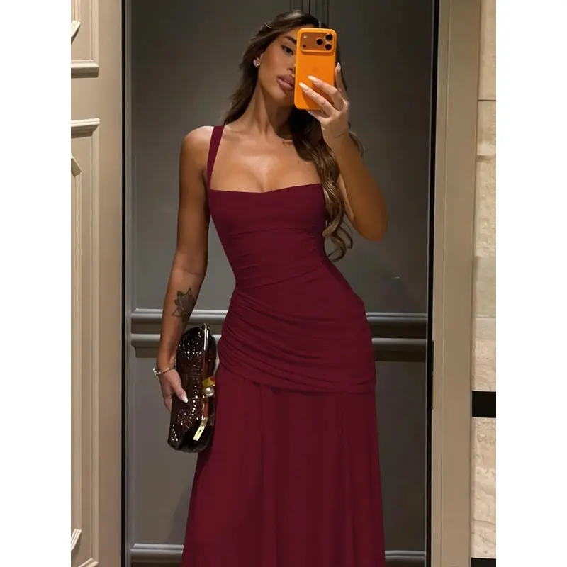 Vestido largo sin mangas de color sólido con lazo en la espalda para mujer, vestido ajustado con tirantes cruzados y cordones en la espalda, diseño minimalista, ideal para fiestas, clubes, citas, eventos formales, vestidos casuales para damas, moda para t - Foto 3