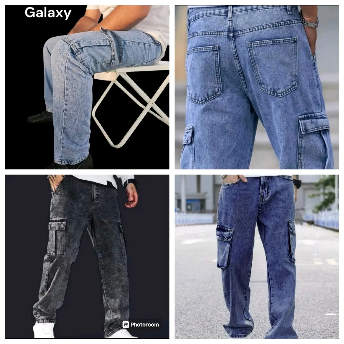 Seluar Jeans Lelaki 6 Pockets Cargo Long Pant (Acid Wash) Kain 100% Non Stretchable Premium Quality