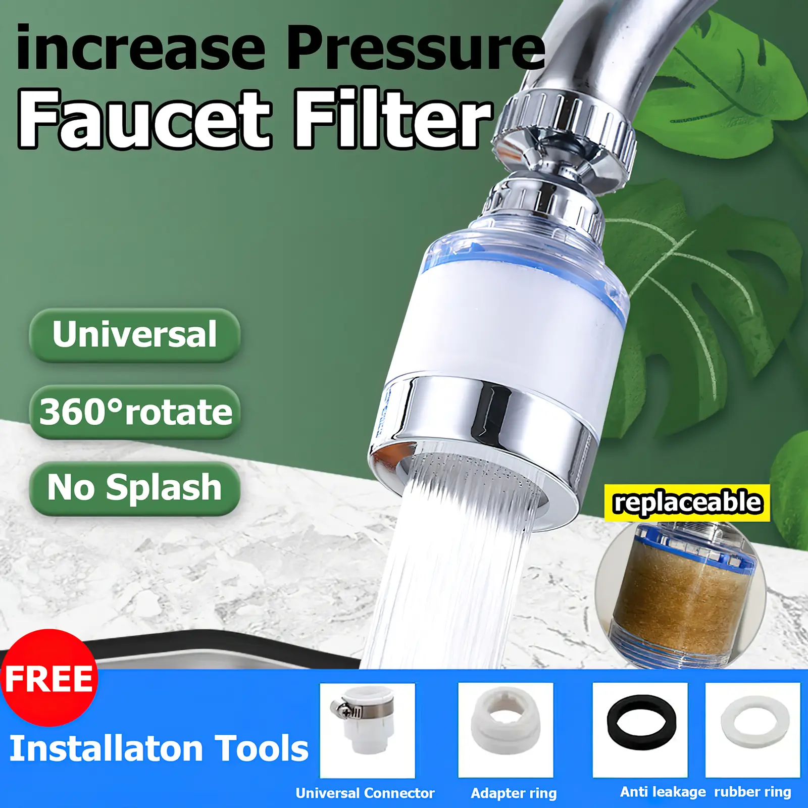 Faucetfilter Rotable Splash Prevention Water Filter Purifier Universal Installation