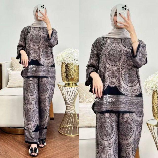 Setelan Wanita Oneset Wanita Setelan Rayon Celana Kulot Atasan Rempel Bahan Rayon Motif Adem Dan Nyaman  Baju Dewasa Remaja Panjang Santai Muslim Bawahan Lembut hitam Busui Rayon Premium Exclusive Kekinian Lebaran Atasan Wanita Celana Kulot