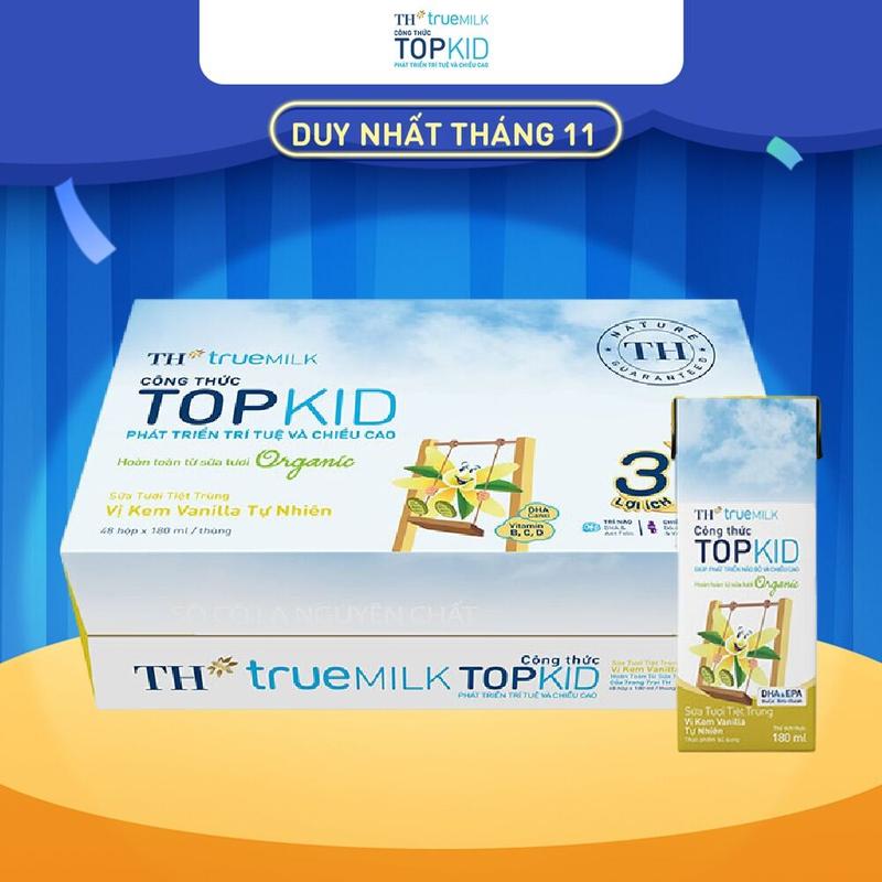  Thùng 48 hộp sữa tươi tiệt trùng TH true MILK TOPKID Organic vị kem vanilla tự nhiên 180 ml  180 ml x 48  