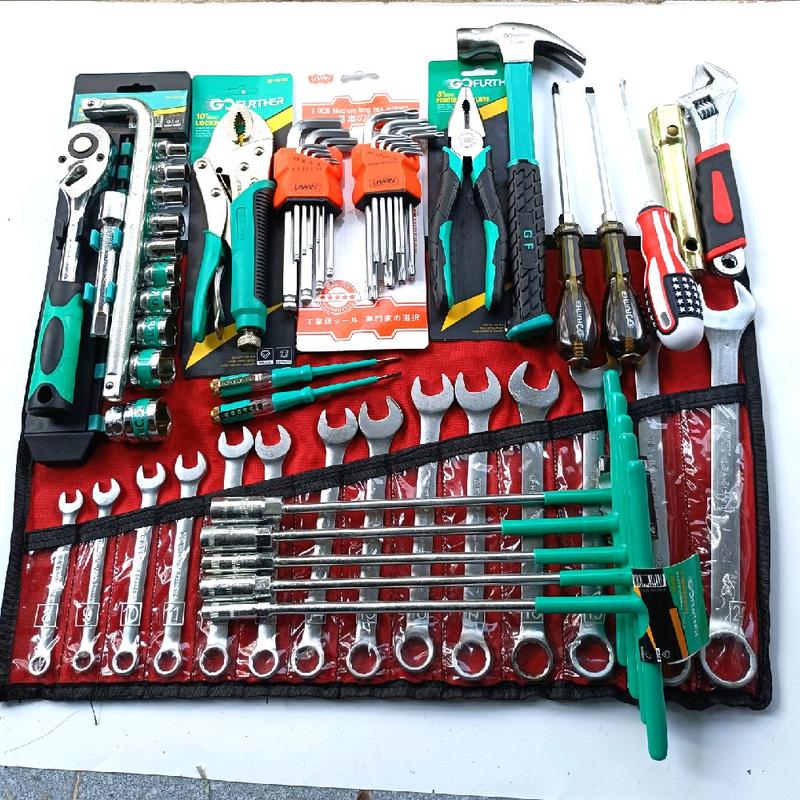 Tặng Cần L Bộ đồ nghề sửa xe 15 món tháo mở ốc gồm 1 bộ cờ lê 8-24 + 1 bộ túyp 12ct GF+5 khoá T xanh + 1 kìm chết Gf+ 2 bộ lục giác bi bông Ngắn + 1 kìm điện + 1 búa dài + 2 tua vít đóng dẹp bake + 1 tua vít+ 1 túyp bugi+1 mỏ lết 8"+ 2 bút thử điện