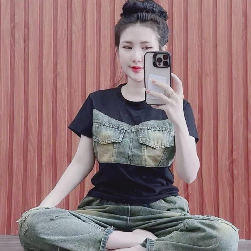 Bigsize 60 - 90kg Set Jean Nữ Áo Thun Tay Ngắn Phối Jean Kèm Quần Jean Dáng Baggy