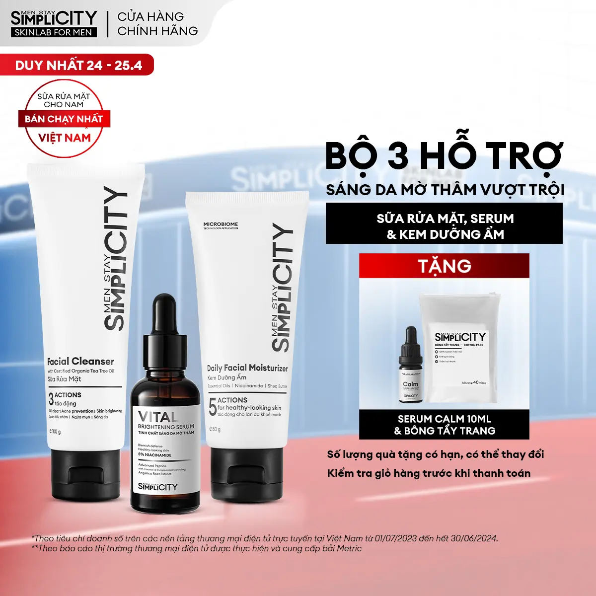 Bộ sản phẩm hỗ trợ sáng da, mờ thâm cho nam Men Stay Simplicity Brightening Trio gồm Sữa rửa mặt 100g, Serum Vital 30ml & Kem Dưỡng Ẩm 80g