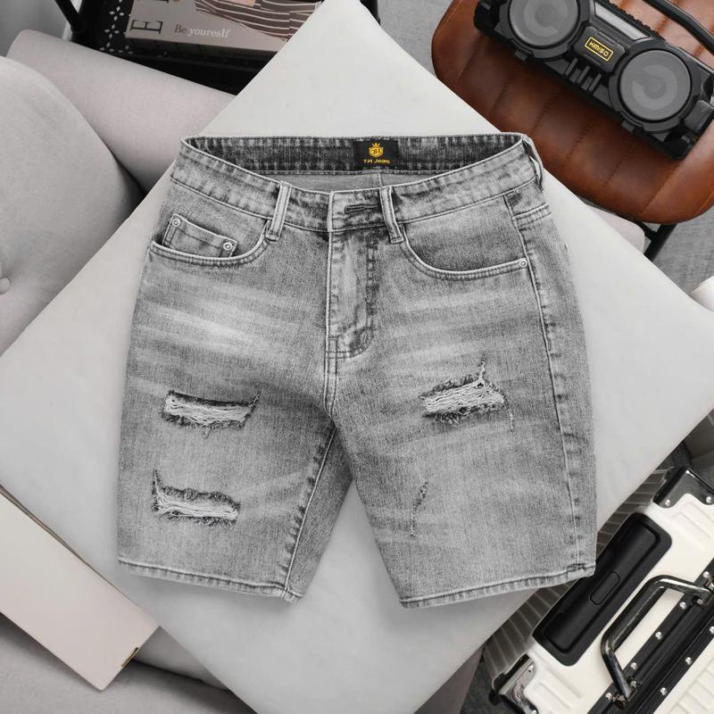 [TH-223] Quần Short Jean Nam Cao Cấp,Phom Ngang Gối,Màu Xám Nhạt Cắt Rách Có Dán Lót Freeship Vải Denim Chất Liệu Mềm Mại Co Giãn Tốt Phong Cách Đơn Giản Thời Trang - TH JEAN