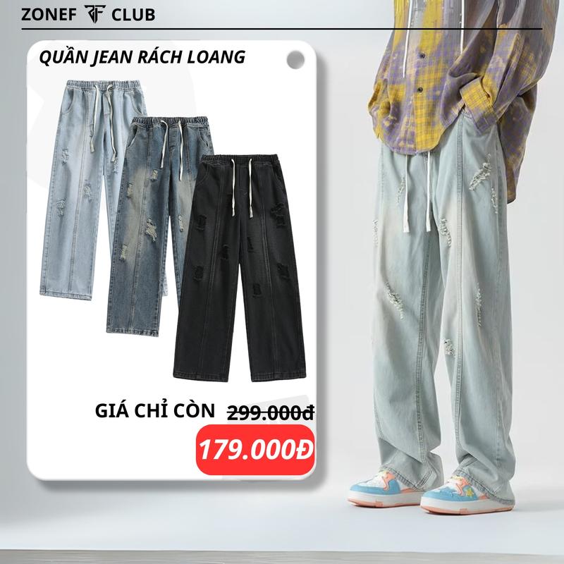 Quần Jean Nam ZONEF CLUB Ống Suông Cạp Chun Cào Rách Chất Liệu Cao Cấp Mền Mại Thoáng Mát