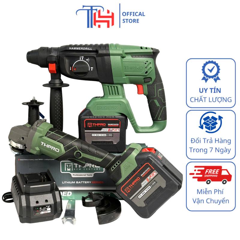 Combo Khoan Bê Tông THPRO TH226, Mài TH-8100 Động Cơ Không Chổi Than Lõi Đồng Kèm 2 Pin 20cell TH Và Sạc Chân Phổ Thông