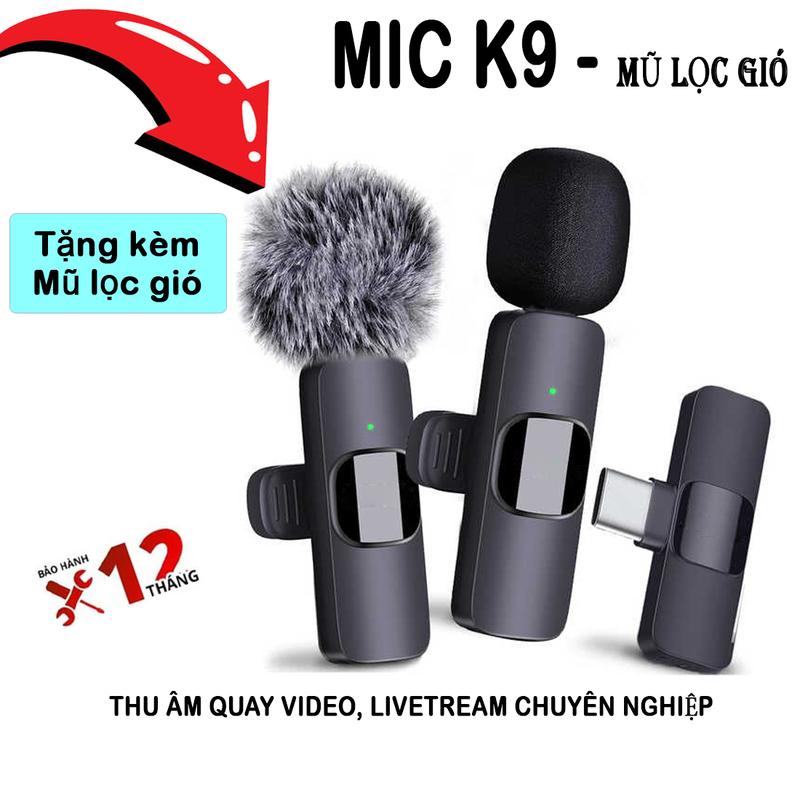 Micro K9 (Tặng kèm Mũ lọc gió) không dây cài áo lọc ồn, sử dụng thu âm quay video, livetream