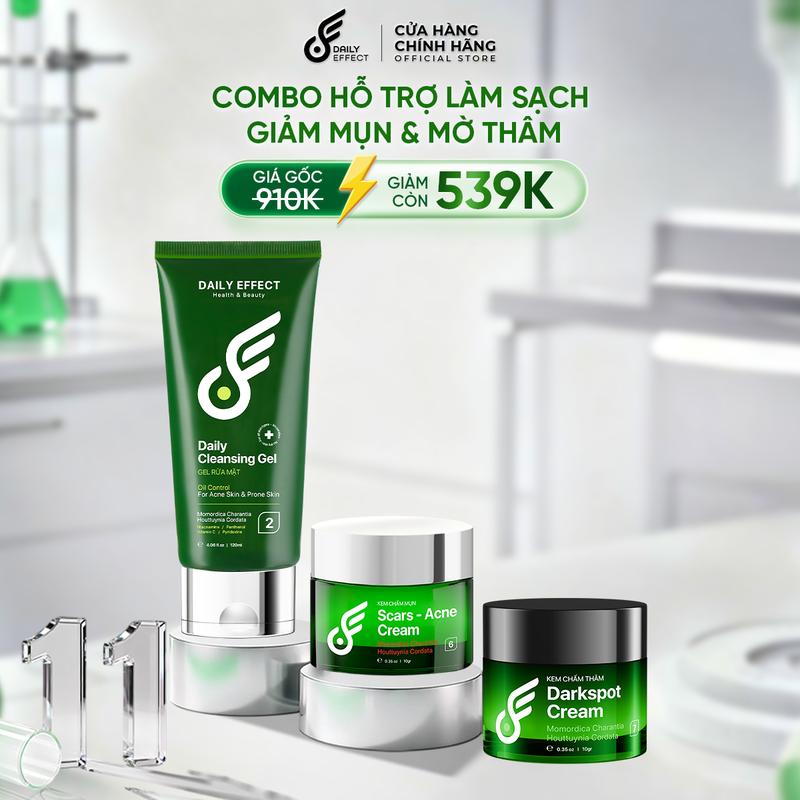 Combo Sữa Rửa Mặt + Kem Chấm Mụn + Kem Giảm Thâm Sau Mụn - DAILY EFFECT 120ml + 10g + 10g