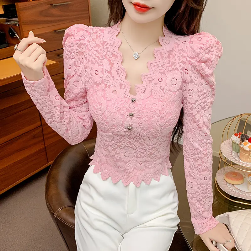 DL Lace Bottom Top for Women's 2025 Autumn/Winter New Sexy V-neck Style Korean Bubble Sleeve Top Slim Fit Short Pink T-shirt