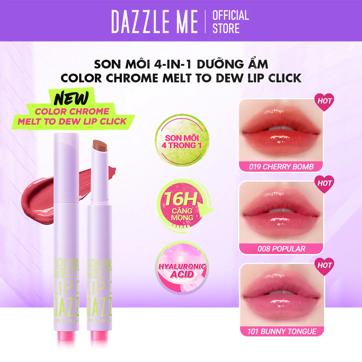 Son môi 4-in-1 DAZZLE ME Color Chrome Melt to Dew Lip Click dưỡng ẩm có màu đôi môi 2g