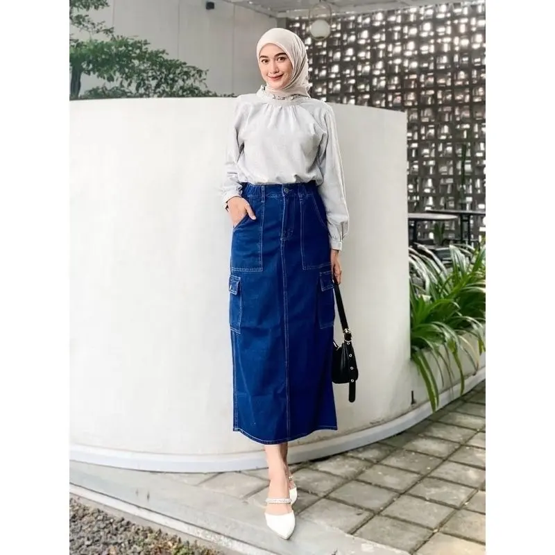 Rok Cargo Jeans Wanita  Maxi 27-42 Rok  Casual Panjang Denim  Nyaman Cewek Korea Style Black Skirts