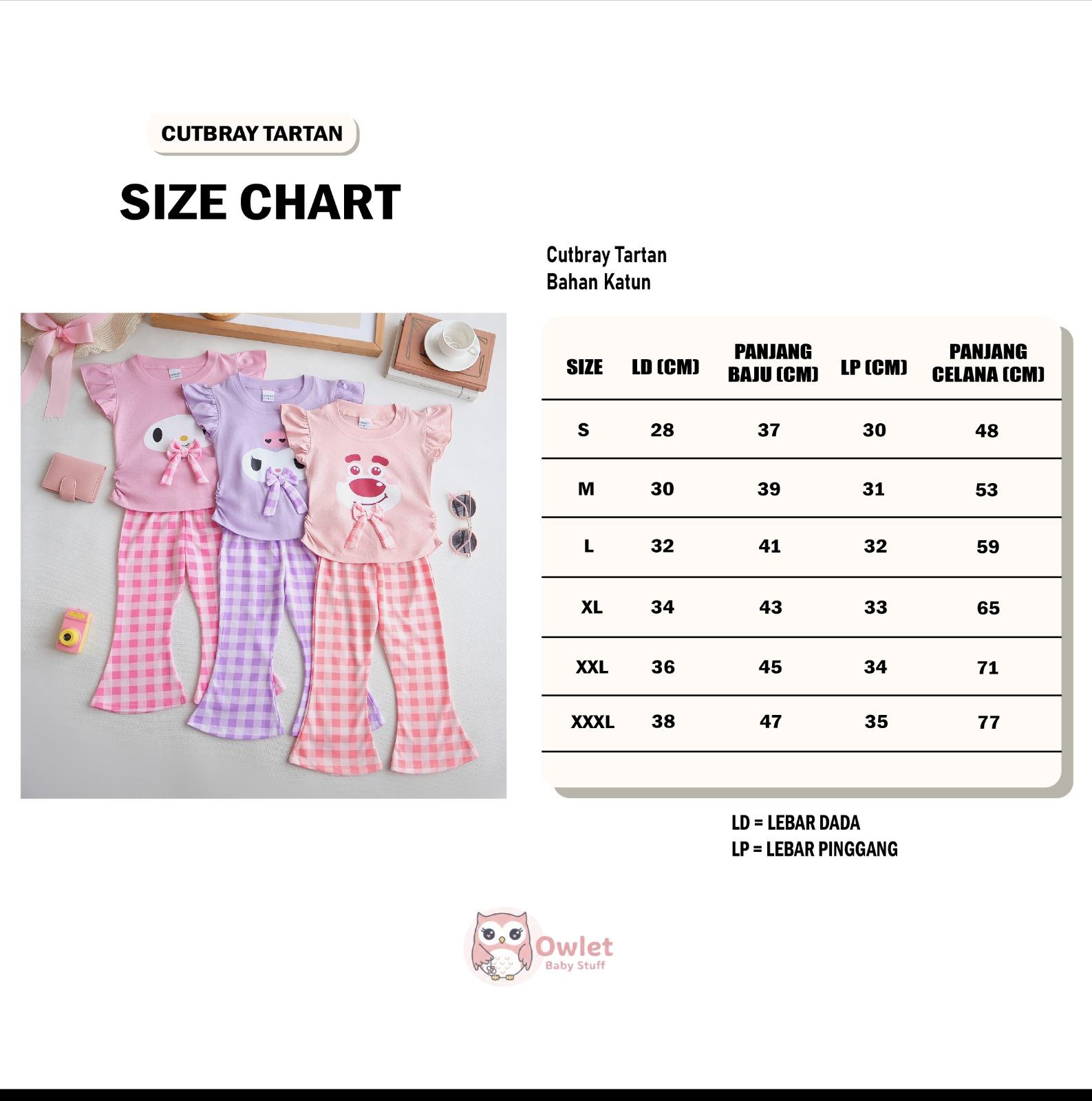 owlet - setelan anak perempuan - one set perempuan - setelan cutbray tartan- setelan motif karakter