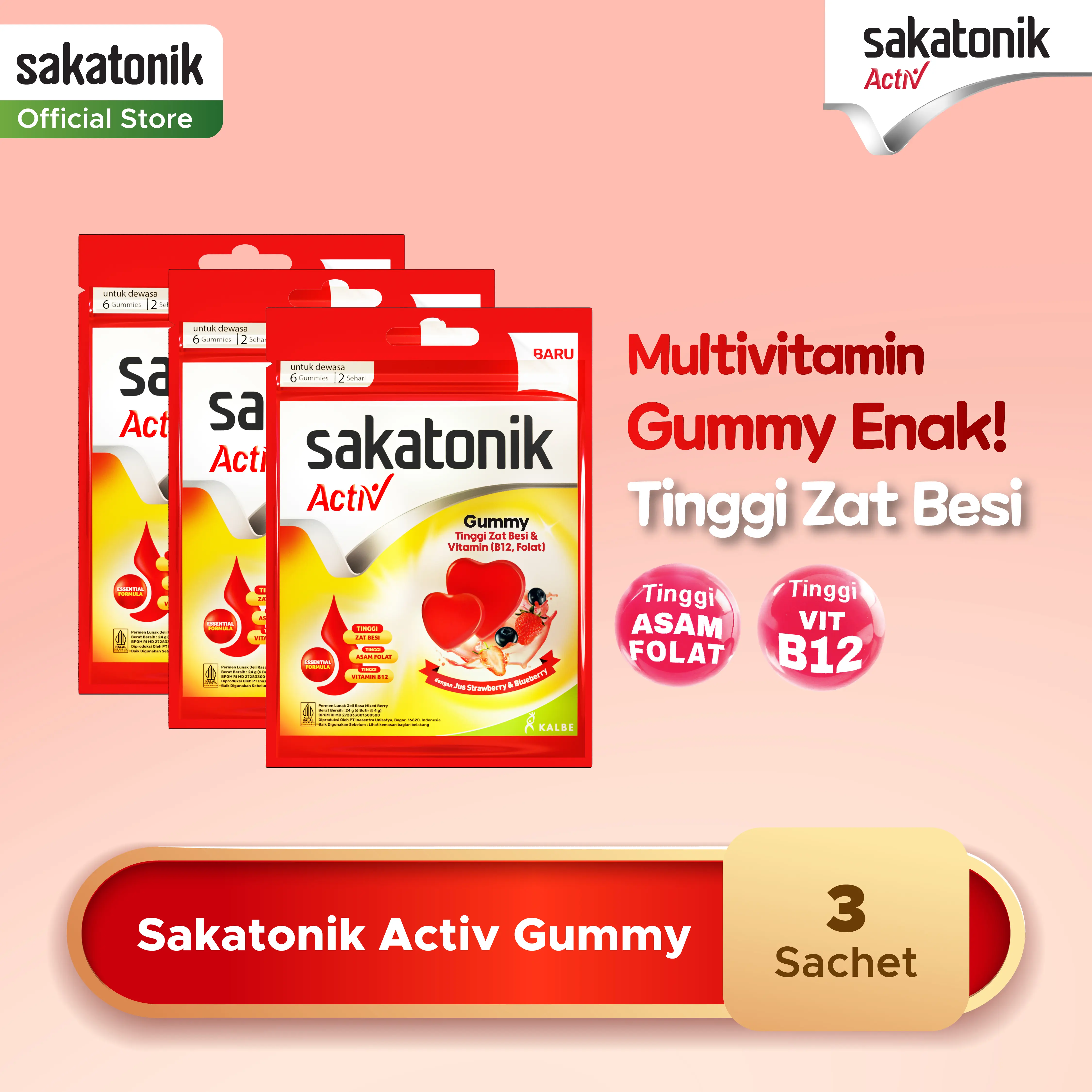 Paket 3 Sachet Sakatonik Activ Multivitamin Zat Besi Gummy
