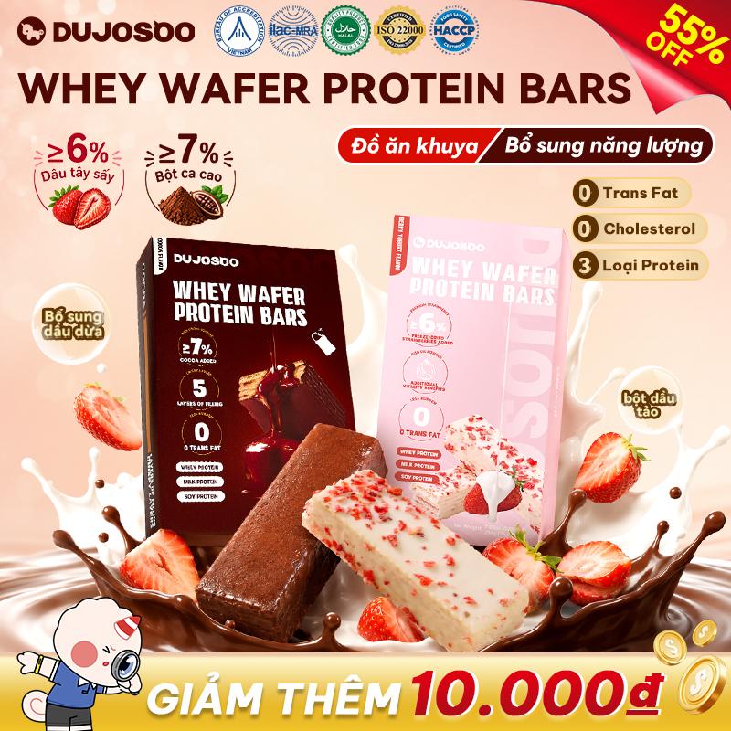 [ÍT ĐƯỜNG] Protein Wafer DUJOSOO, Ít calo, ăn vặt lành mạnh, ≥6% dâu tây sấy, ≥7% bột cacao, 0 chất béo chuyển hóa, 0 cholesterol, nguyên liệu cao cấp (dầu dừa、bột dầu tảo), 3 loại protein(Soy protein/Milk protein/Whey protein), 290g