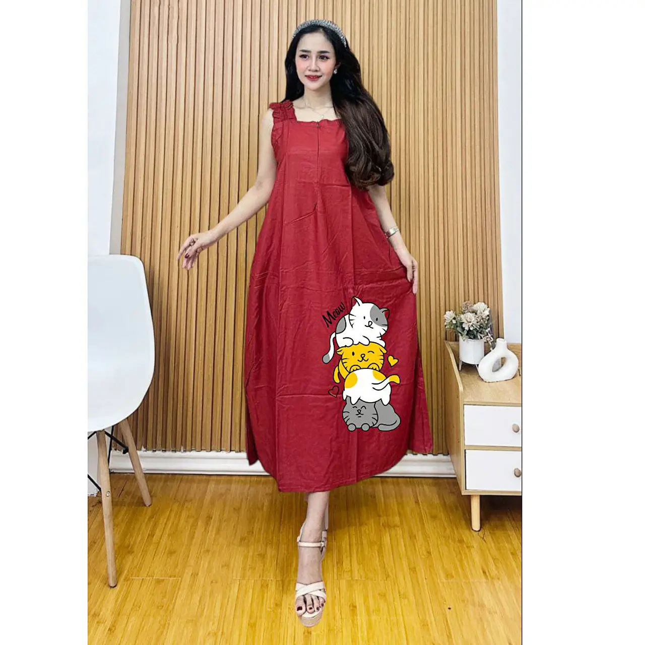 Daster Wanita Kekinian Pemikat Suami Busui Motif Meow Adem Rayon Premium